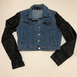 Forever 21 Crop Denim Jacket Faux Leather Sleeves
